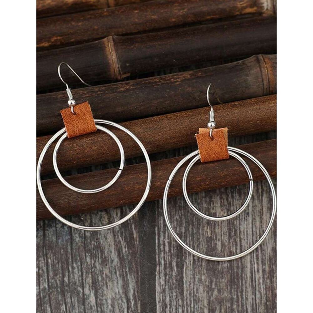Bronze & Leather Hoop Earrings, Western Boho Double Gold Rings, Hypoallergenic